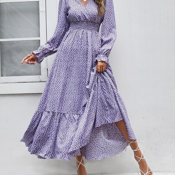 Purple Boho Womens Ditsy Floral Print Flounce Sleeve Shirred Dress - Picture 5 of 5